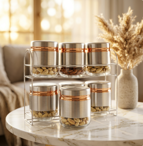 Elegant 6 Piece Glass Storage Jars with Stand 400 ml