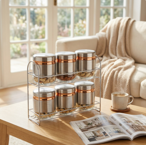 Elegant 6 Piece Glass Storage Jars with Stand 400 ml