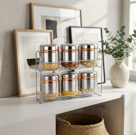 Elegant 6 Piece Glass Storage Jars with Stand 400 ml