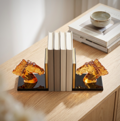Majestic Amber Crystal Horse Head Bookends