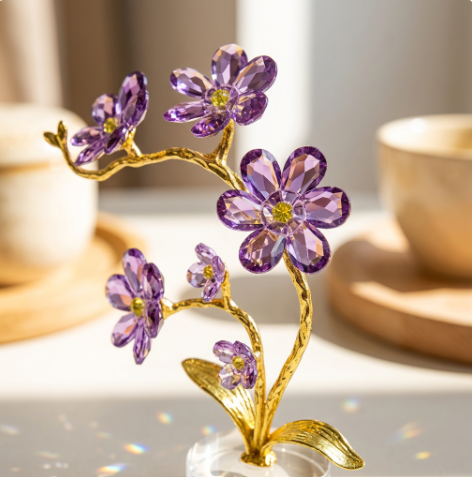 Elegant Violet Glass Orchid Branch Showpiece