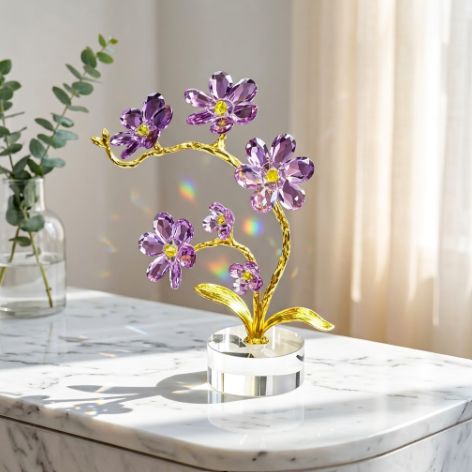Elegant Violet Glass Orchid Branch Showpiece