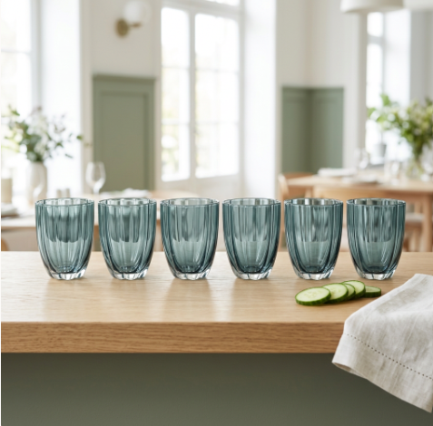 Smoke Blue Ribbed Glasses Set of 6 (350 ML)