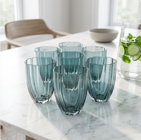Smoke Blue Ribbed Glasses Set of 6 (350 ML)