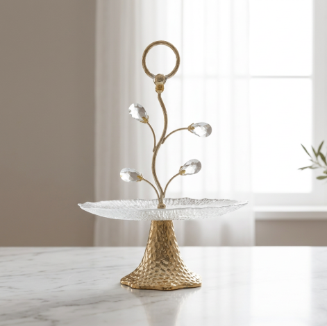 Elegant Crystal Leaf Serving Platter with Gold Base
