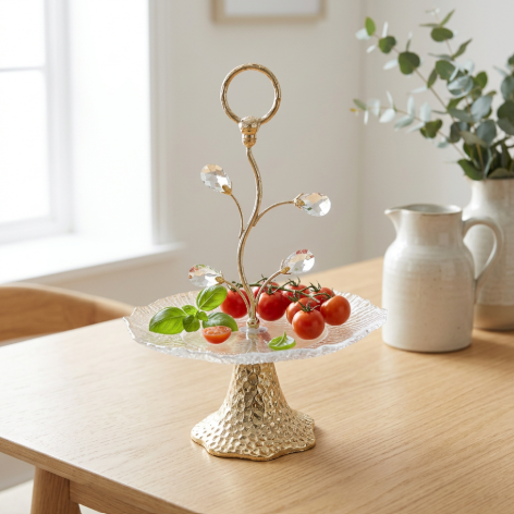 Elegant Crystal Leaf Serving Platter with Gold Base