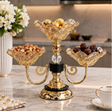 Elegant 3 Bowl Gold & Amber Glass Serving Stand