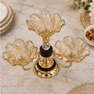 Elegant 3 Bowl Gold & Amber Glass Serving Stand