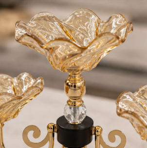 Elegant 3 Bowl Gold & Amber Glass Serving Stand