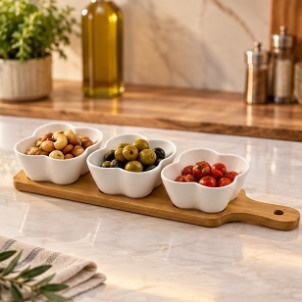 Modern Trio Snack Bowls with Wooden Serving Tray