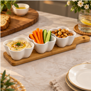 Modern Trio Snack Bowls with Wooden Serving Tray