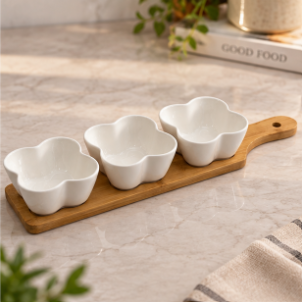 Modern Trio Snack Bowls with Wooden Serving Tray