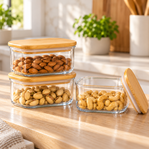 3-Piece Rectangular Jar Set with Wooden Lids
