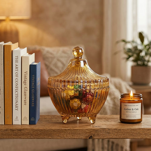 Amber Gold Glass Candy Jar with Lid 4 Inch