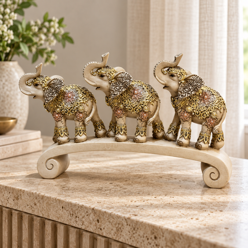 Royal Elephant Trio Figurine on Curved Arch Bridge