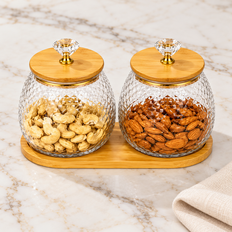 2-Piece Glass Dry Fruit & Snack Jar Set with Wooden Tray