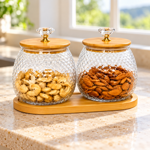 2-Piece Glass Dry Fruit & Snack Jar Set with Wooden Tray