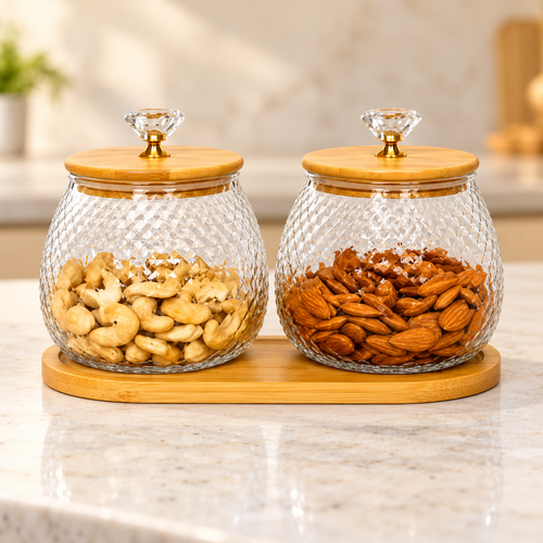 2-Piece Glass Dry Fruit & Snack Jar Set with Wooden Tray