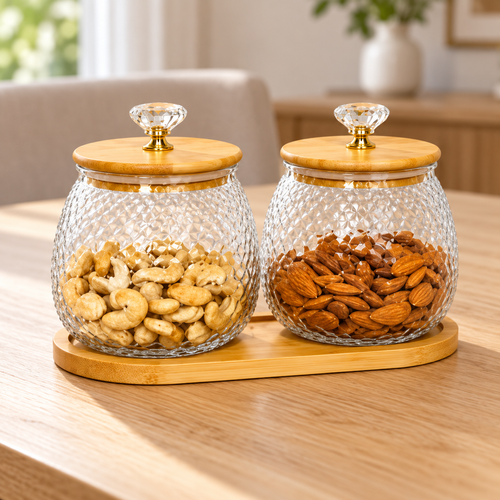 2-Piece Glass Dry Fruit & Snack Jar Set with Wooden Tray