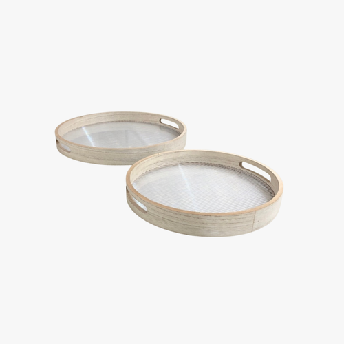Round Wooden Serving Tray with Fluted Base Set of 2