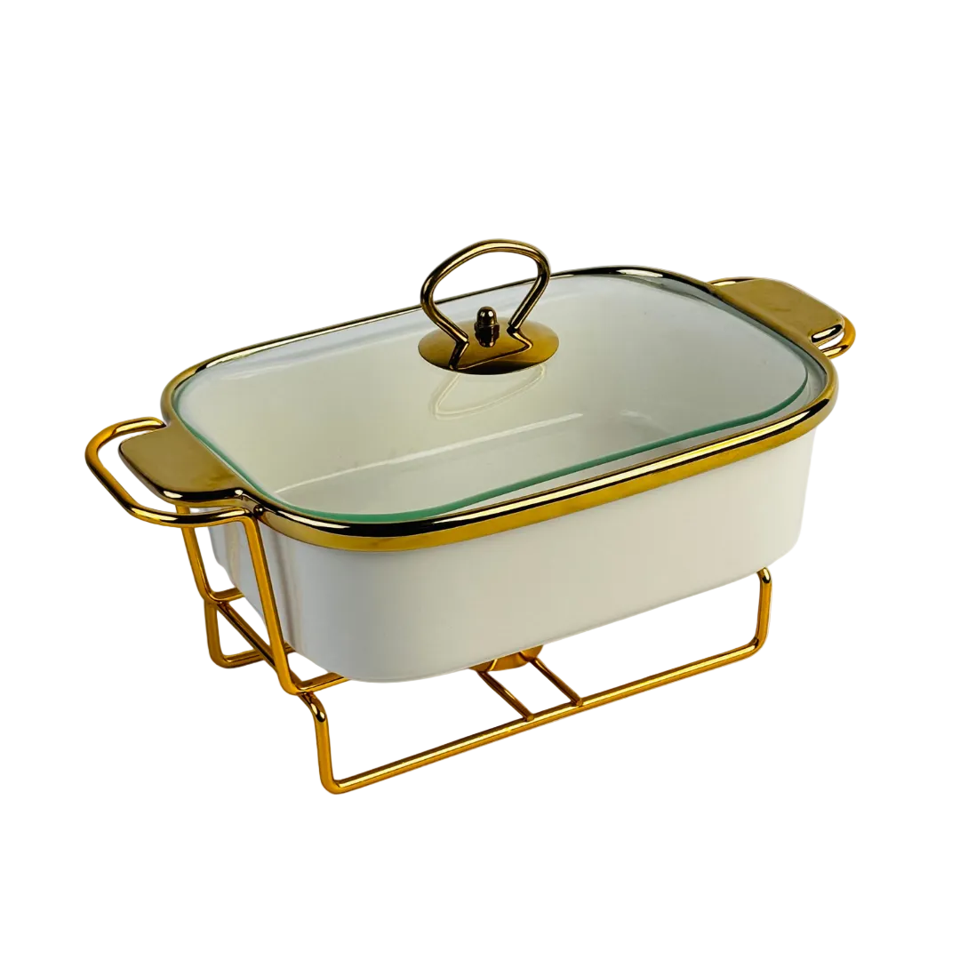 Gold-Trimmed Chafing Dish with Glass Lid and Stand