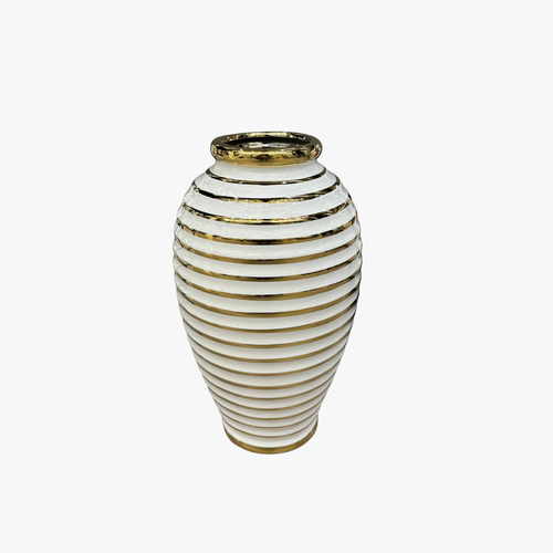 White & Gold Horizontal Striped Ceramic Vase