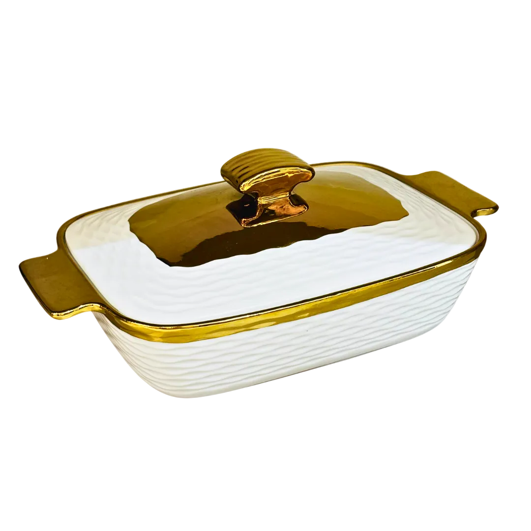 Gold-Rim Casserole Dish Bowl with Lid & Handles