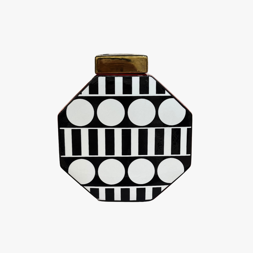 Octagonal Monochrome Ceramic Ginger Jar with Gold Lid
