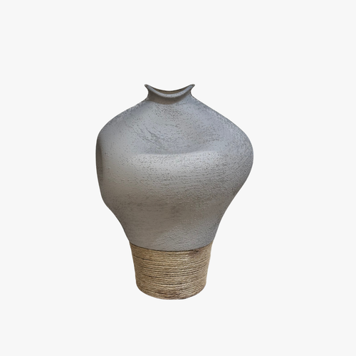 Matte Grey Vase with Woven Jute Base