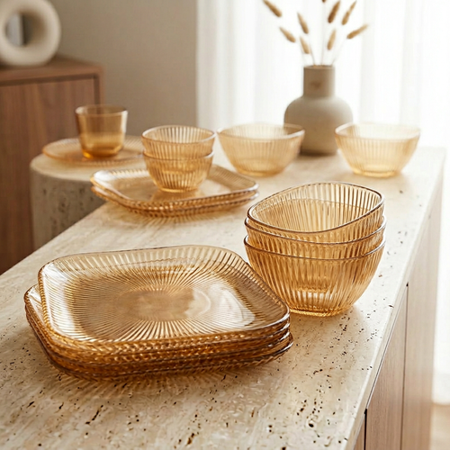 Amber Glass Bowl & Square Plate Service Set of 6