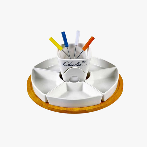 Ceramic Chocolate Fondue Pot Set with Wooden Tray