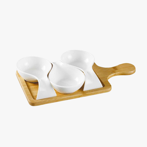 3 Piece Ceramic Dip Bowl Set with Bamboo Tray & Handle