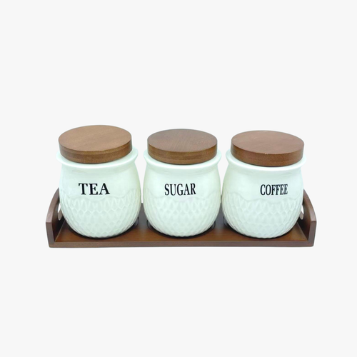 Elegant Textured Ceramic Canister Set with Dark Wood Lids & Tray