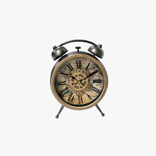 Vintage Map & Gears Alarm-Style Desk Clock