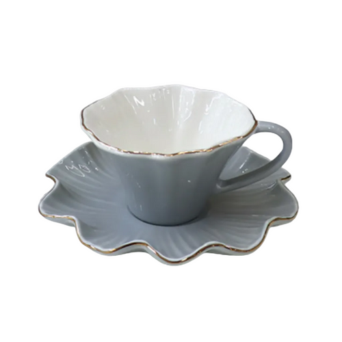 Elegant Grey Floral Shaped Cup & Saucer Set 12 Piece
