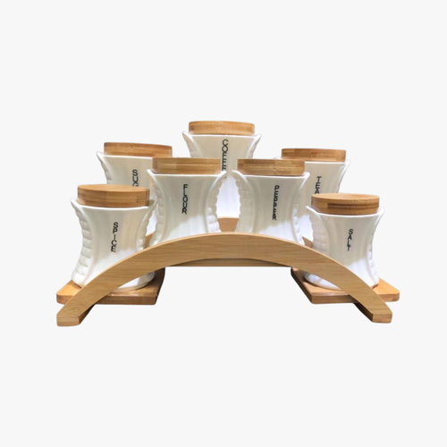Elegant Spice Jars Set with Bamboo Lids & Arched Display Stand 7 Piece