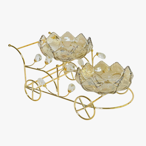 Luxury 2-Tier Lotus Glass Serving Bowls with Gold Cart