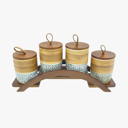 Modern Spice Jar Set with Wooden Stand & Loop Lids Set of 4