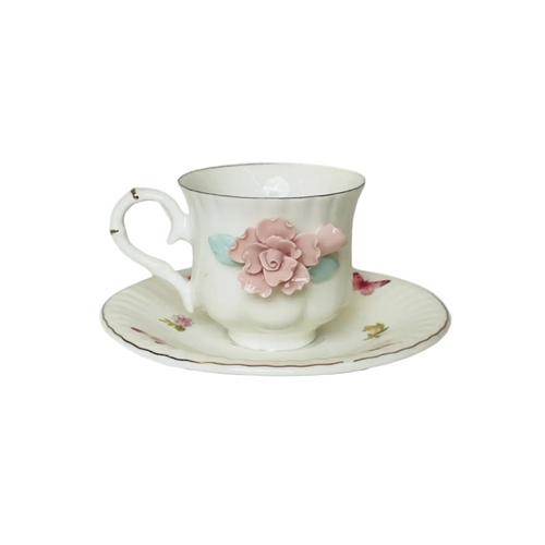 Vintage Rose Embossed Cup & Saucer Set 12 Piece