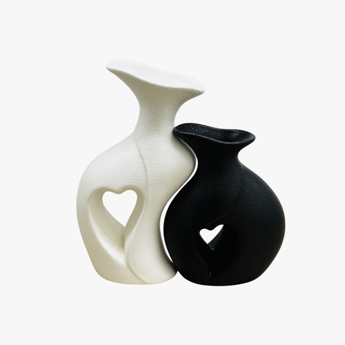 Elegant Textured Black & White Heart Vase Set of 2