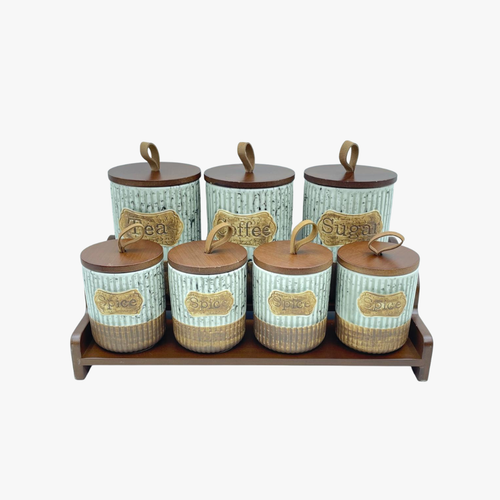 Antique Style Kitchen Canister & Spice Jar Set with Wooden Stand