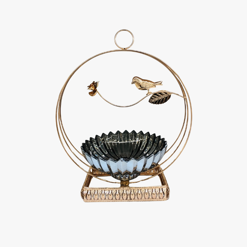Decorative Glass Bowl with Gold Bird Hoop Stand