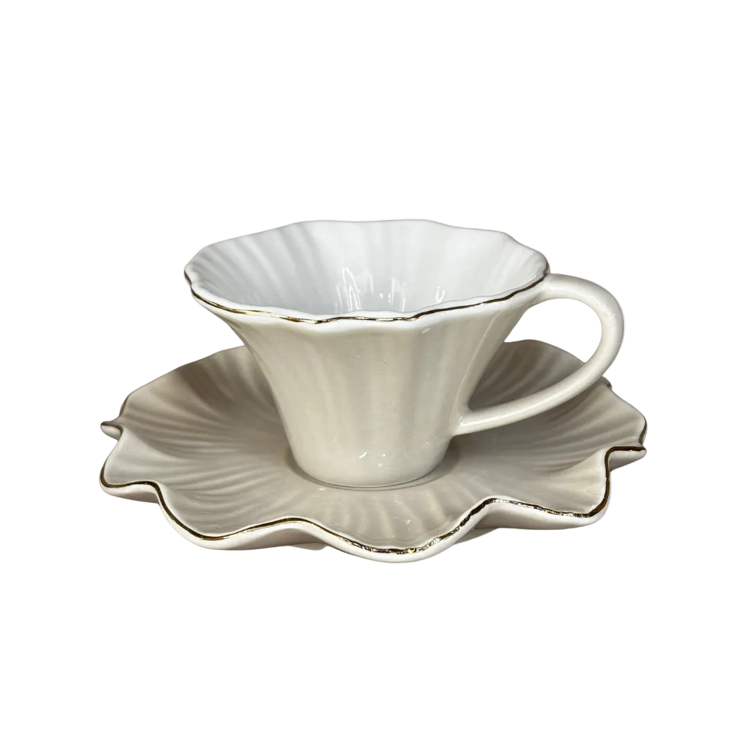 Modern Beige Floral Shaped Cup & Saucer Set of 6