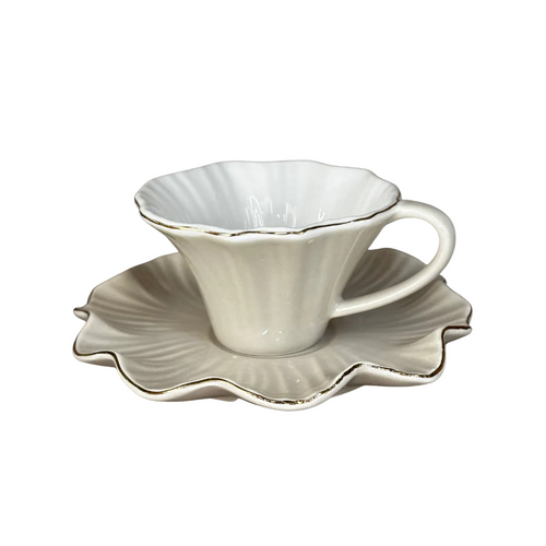 Modern Beige Floral Shaped Cup & Saucer Set of 6