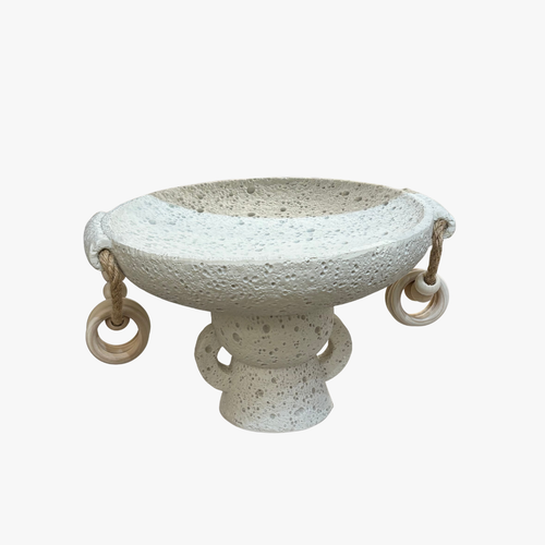 Elegant Volcanic Bowl with Wooden Ring Accents