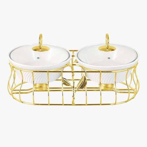 Imperial Dual-Bowl Ceramic Serving Dish Set with Gold Metallic Rack