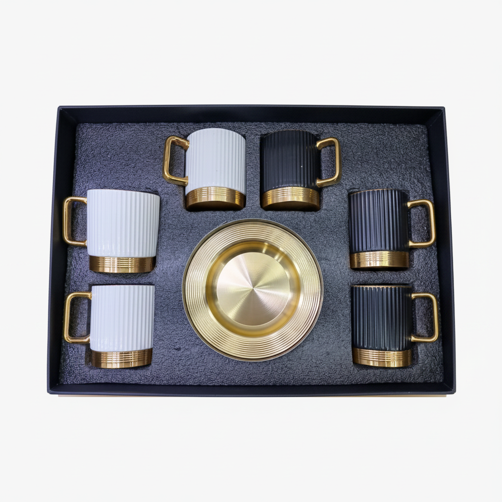 Gold Trim Matte Black & White Mugs with Saucers Set of 6