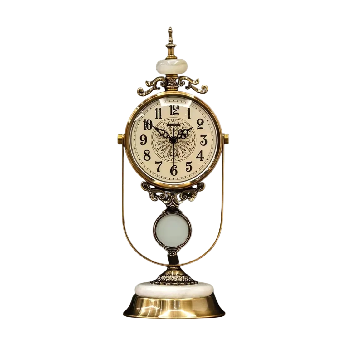 Vintage-style clock with gold and white design on a white background