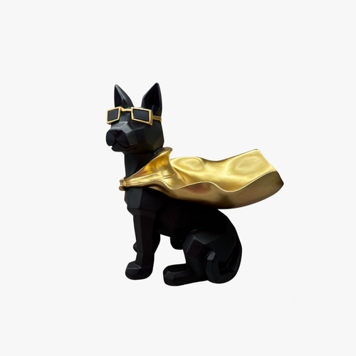 Modern Superhero Dog Statue with Gold Sunglasses & Cape