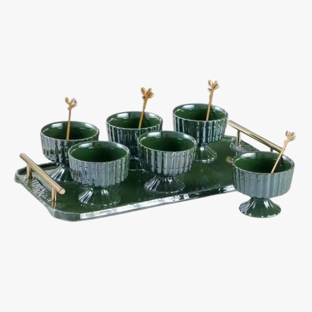 Elegant Ice Cream Cups with Gold Leaf Spoons & Tray 13 Piece